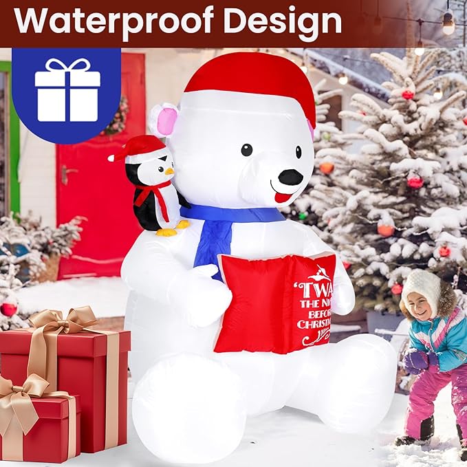 8FT Giant Christmas Inflatable Polar Bear with Penguin Decoration, LED Light Up & Built-in Speaker, Blow Up Outdoor Indoor Xmas Yard Decor for Lawn Garden Party Holiday Season