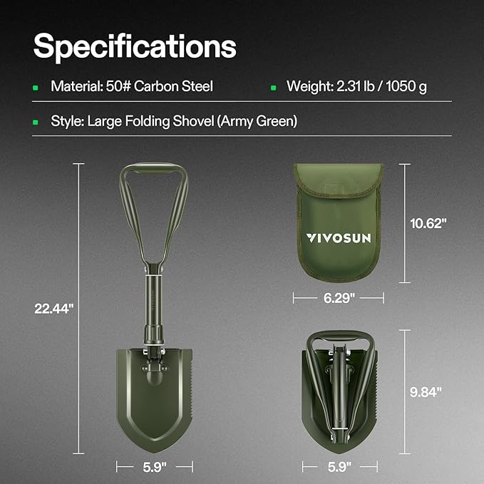 VIVOSUN Folding Survival Shovel, 22'' Camping Shovel, Military Portable Small Shovel with High Carbon Steel, Tactical Entrenching Tool for Hiking, Digging, Backpacking, Gardening, Off Road, Beach