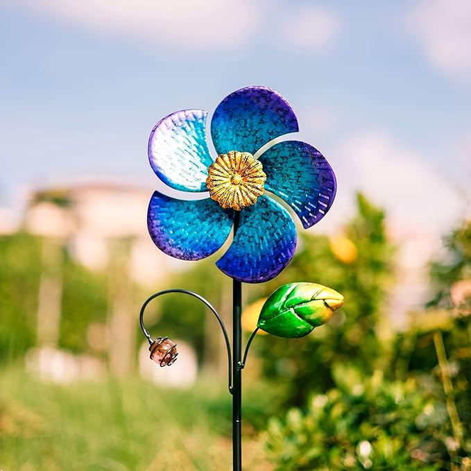 Viveta Wind Spinner with Metal Stake, 28.7 inches Outdoor Garden Pinwheels Spinners Blue Flower Shape Design for Yard Lawn Patio Decor