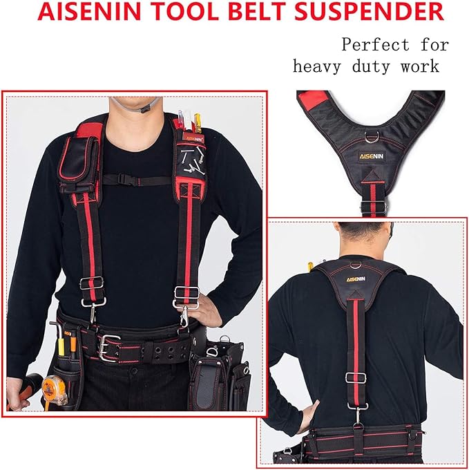 Dr.TOUGH Tool Belt Suspenders for Men Carpenter Tool Belt with Suspenders Padded Tool Belt Suspenders With Magnet Pocket (Red and Black)