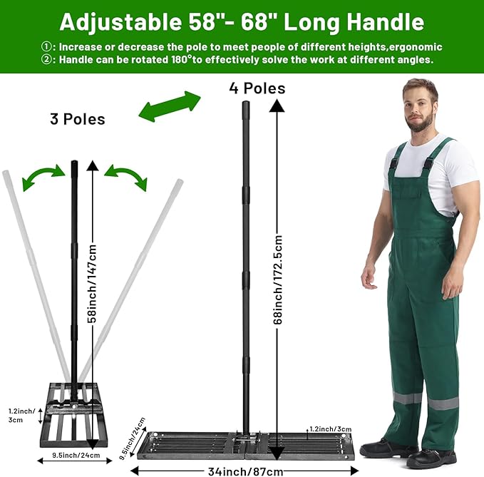 Lawn Leveling Rake 34"x9.5",Lawn Leveling Tool with 68" Long Adjustable Stainless Steel Handle for Leveling Soil,Grass,Sand or Dirt,Heavy Duty Lawn Leveler for Backyard,Garden,Golf Course,Farm,Pasture