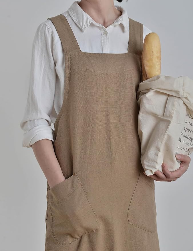 Cotton Linen Apron Cross Back Japanese Smock for Women Cooking With Pockets Pinafore Dress Kitchen Baking Gardening