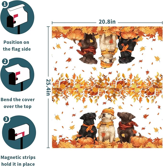 Fall Dog Mailbox Cover Magnetic Large Size Autumn Themed Pumpkins Maple Leaves Puppy Print Mailbox Wrap Letter Post Cover 25.5x21Inch for Garden Yard Outside Outdoor Seasonal Decor