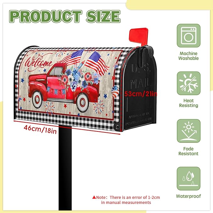 Welcome Red Truck Mailbox Cover 4th of July Mailbox Covers Magnetic Patriotic Post Letter Box Wrap Standard Size 21x18 in for Outdoor Garden Mail Box Decor Floral Buffalo Plaid
