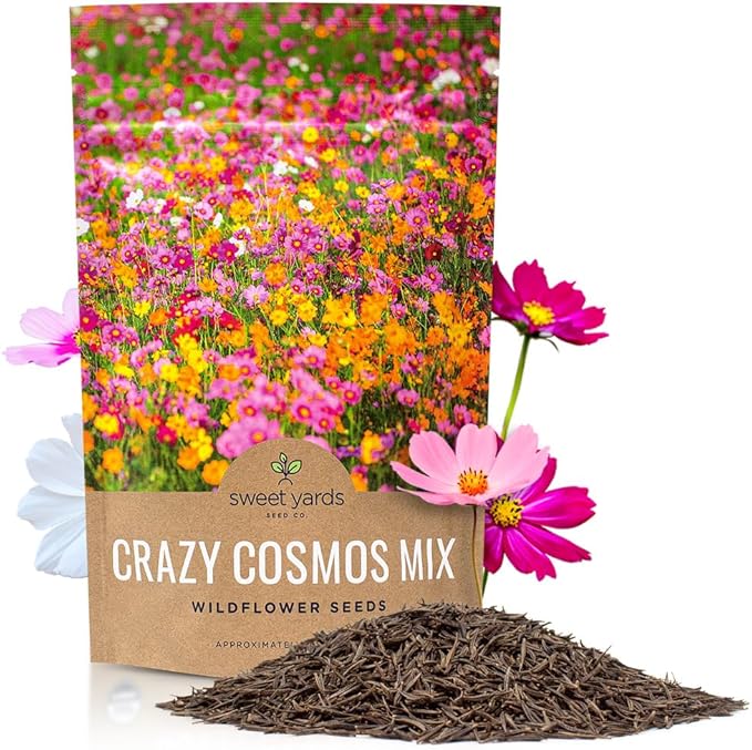 Sweet Yards Cosmos Seeds Wildflower Mixture - Bulk Quarter Pound Bag Over 20,000 Seeds - Pink, Yellow, Orange, Red, Purple and White Mixed Species - 7 Varieties Premium Quality for Planting Outdoors