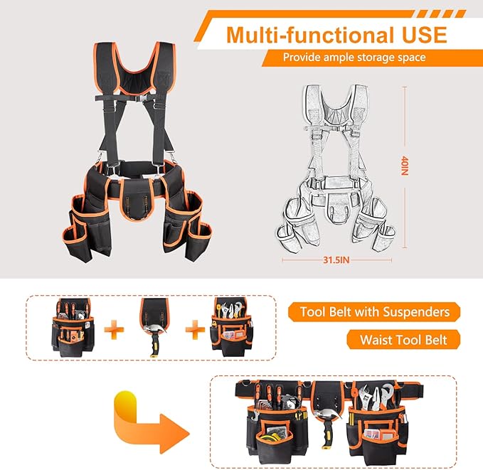 Tool Belt with Suspenders, Professional Tool Belt for Men, 18-Pocket Adjustable Heavy Duty Tool Organizer for Electrician, Carpenter, Framer, Construction Worker, Black & Orange (32''–66'')