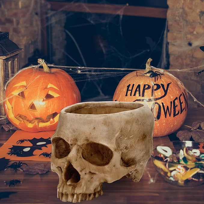 Skull Planter Pot for Plants - Realistic Human Skull Head Flower Pot, Halloween/Gothic Décor, Resin Planter for Succulents, Bonsai, Cactus, Home Bar, Desk, Spooky Gift Idea(Beige)