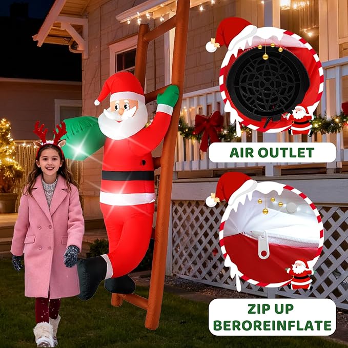 8FT Santa Claus Climbing on Ladder Christmas Decoration with Built-in LED Lights, Christmas Outdoor Inflatable Decoration for Lawn, Yard, Garden, Patio
