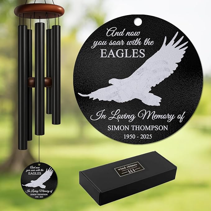 Personalized Eagle Memorial Wind Chime – “and Now You Soar with The Eagles” Custom Engraved Name & Years – Gift for Loss of Loved One – Memorial Windchime Tribute for Strength & Eternal Freedom