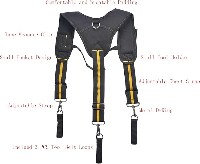 Heavy Duty Tool Belt Suspenders for Men 3 Point Padded Suspenders with Attachment Loops for Men