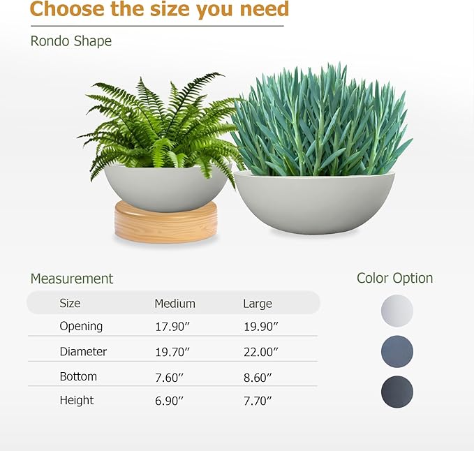 6.9"H x 19.7"D Round Bowl Fiberstone Planter for Succulent and Lotus - Christmas Tree Planter, Weather Resistant for Indoor & Outdoor Use, 2 Extra Coco Mats (Light Gray, 17.9" Pot Opening)