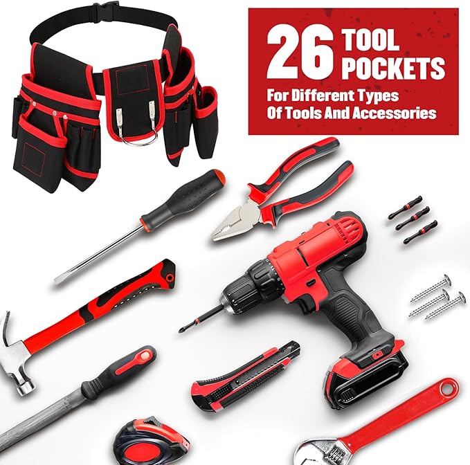 Tool Belt, Magnetic Tool Pouch with 26 Pocket Tool Belts for Men, Heavy Duty Adjustable Tool Pouch Bag, Detachable Utility Belt Tool Bags for Electrician, Carpenter, Construction