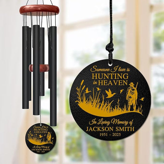 Personalized Hunting Memorial Wind Chime – “Someone I Love is Hunting in Heaven” Custom Name – Sympathy Gift for Hunters – Remembrance Windchime for Loss of Loved One – Golden Engraved Keepsake
