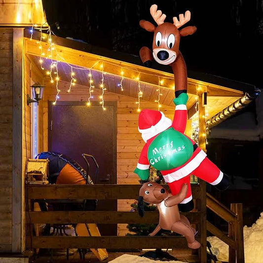 7.5 Ft Christmas Inflatable Outdoor Decoration, Hanging Christmas Inflatables Climbing Santa with Reindeer and Dog, Blow Up Inflatable with Build-in LEDs for Xmas Party Roof Yard Garden Lawn Decor