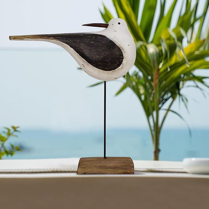 Aecipl Wooden Sea Bird Statue Seagull On Stand Decor Nautical Coastal Birds Sculpture Indoor Outdoor Animal Figurine Beach Themed Decoration Rustic Home Art for Bedroom Garden (I)