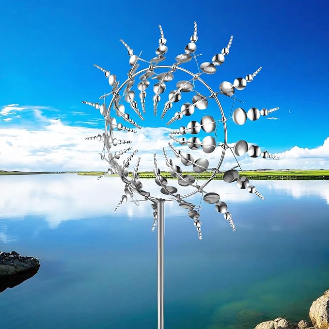 Windmill for Yard and Garden,Wind Spinner,Magical Metal Windmill, 3D Wind Powered Kinetic Sculpture, Dual-Tiered Opposite-Directional Rotation, Stainless Steel Wind Spinners (Silver)
