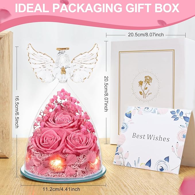 Preserved Flower Rose Gifts for Women, Forever Eternal Fresh Flowers in Glass Angel Figurines Flowers for Delivery Prime Pink Roses for Grandma Mom Sister Her Wife on Mothers Day Birthday Christmas