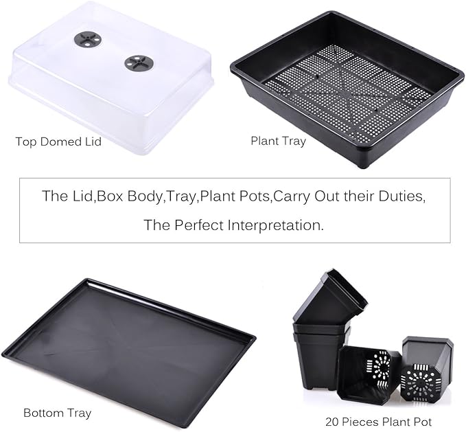 eZAKKA 37x30cm Seed Starter Tray Seed Seedling Starting Kit Plant Germination Kit Humidity Dome with 20 Pieces Square Seed Starter Pots (Black Pots)