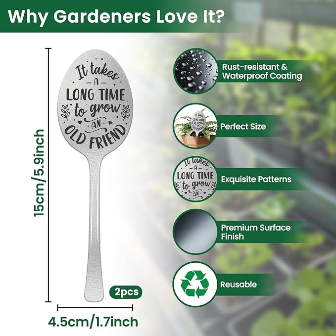 CUTHOLLOW Garden Plant Marker Grow an Old Friend, 2pc Metal Spoon Labels for Outdoor Waterproof - Friendship Gifts for Gardeners Woman - Decorative Garden Plant Tags