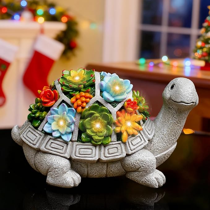Nacome Solar Garden Outdoor Statues Turtle with Succulent and 7 LED Lights - Lawn Decor Tortoise Statue for Patio, Balcony, Yard Ornament - Chrismtas Gifts for Mom Grandma