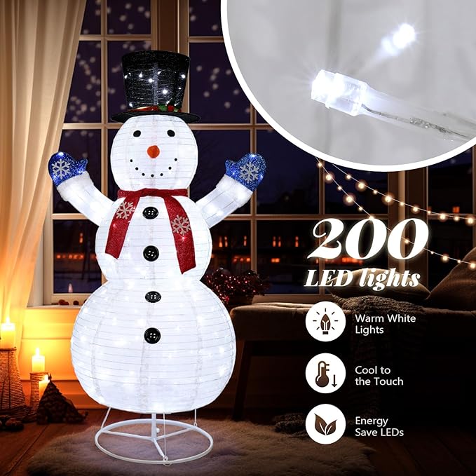 VINGLI 6FT Lighted Snowman Christmas Decorations Outside w/ 200 LED Lights, Pop-up Snowman Ornaments Outdoor with Ground Stakes for Party Holiday Indoor Decor