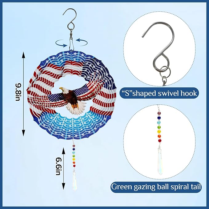 American Eagle Wind Spinner Crystal Tail, Marzovitra 10 inch 3D Stainless Steel Hanging Wind Spinner Metal Wind Catchers Kinetic Sculpture for Indoor,Outdoor Garden Decor,Yard Art