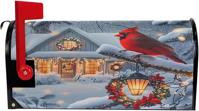 SUABO Mailbox Cover Cardinal House Snowy Day Standard Magnetic Mailbox Covers Wraps for Christmas Home Yard Garden Decor