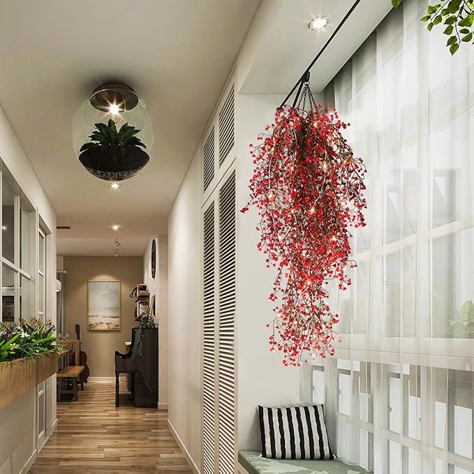 RECUTMS Artificial Hanging Fern Lighted with 30 LED Fake Hanging Ivy Vines Plastic Faux Greenery Plants for Home Wall Bedroom Garden Wedding Outside Decor Pack of 4 (Red)