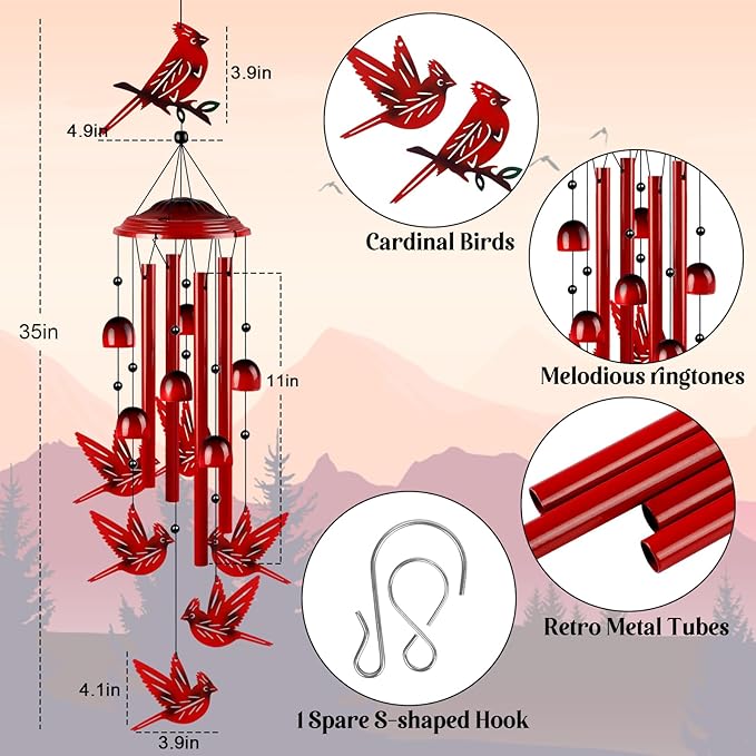 YHmall Cardinal Wind Chimes for Outside, Cardinal Gifts for Women Soothing Tones Memorial Wind Chime for Garden, Yard, Patio Decor, 35" Windchimes Outdoors for Christmas, New Year