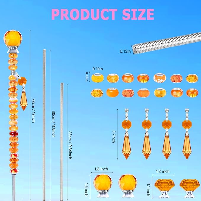 Exway 100 PCS DIY Fairy Wand Beaded Garden Stake Beads Kits with Orange Large Hole Beads 4 Crystal Stopper Top Threaded Rods and 4 Orange Sparkling Crystal Pendants for Outdoor Indoor Decor