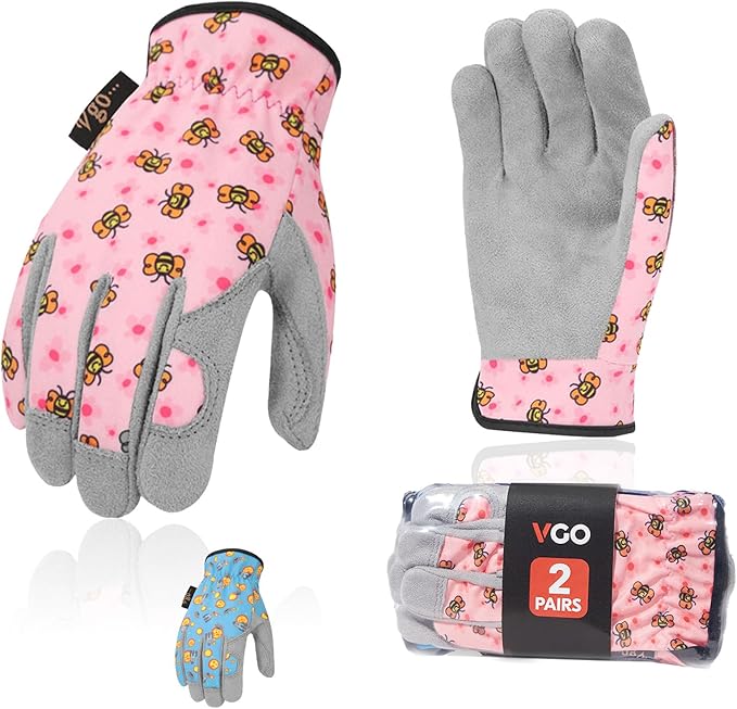Vgo... 2-Pairs Age 6-7 Kids Gardening Gloves,Children Yard Work Gloves,Soft Safety Outdoor Playing Gloves (Size L, Blue&Pink, KID-MF7362)