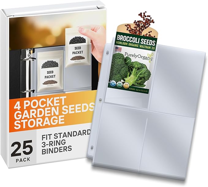 Performore Seed Packet Storage Sleeves 25-Pack | Top-Loading 4-Pocket Binder Pages (Single-Sided) Holds 3.5" x 5.25" Seed Packets | 3-Ring Binder Compatible for Gardeners & Organizers