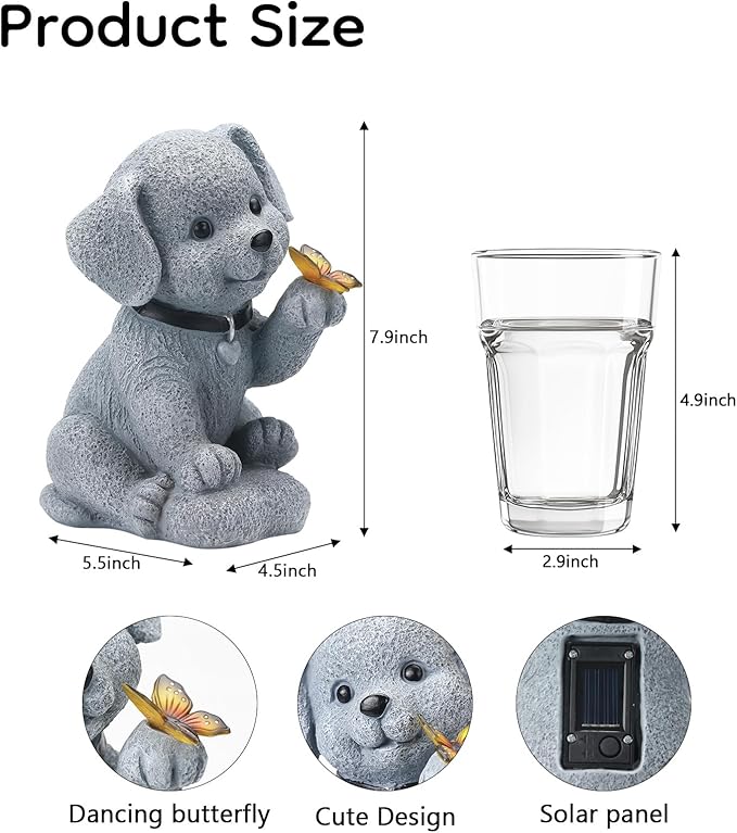 Solar Puppy Dog Garden Light Decor - 7.9" Cute Pet Memorial Statue, from Dawn to Dusk LED Light, Weatherproof Resin for Yard Pathway & Dog Lover Gifts