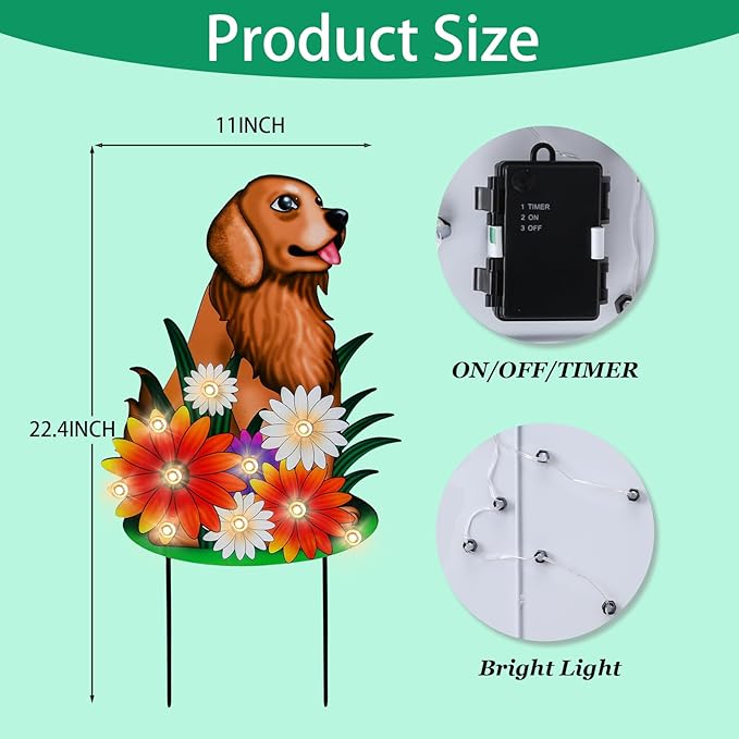 WONDER GARDEN Decorative Garden Stakes - Lighted Dog and Flower Yard Sign Stakes Spring Signs for Outdoor, Porch, Yard,Flower Bed Decor (Battery Operated)