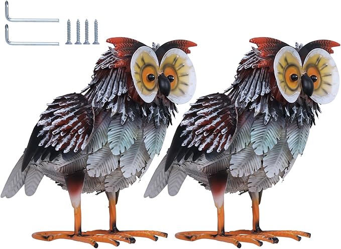 hogardeck Owl Garden Decor Outdoor Statues, 2PCs Large Metal Bird Standing Yard Art, Lawn Sculptures Ornaments for Outside Patio Pond Backyard, Holiday Sympathy Gifts for Grandma Mom