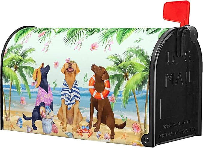 Summer Dogs Magnetic Mailbox Cover 25.5x21Inch Funny Tropical Beach Coastal Puppy Waterproof Mailbox Wrap Letter Post Cover Large Size for Garden Yard Outdoor Season Outside Decor