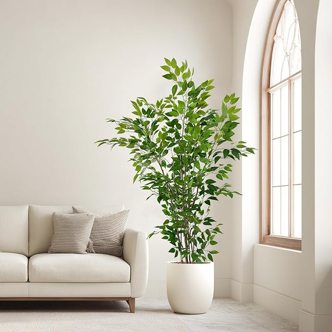 Artificial Ficus Tree with Green Leaves, 6ft Tall, Indoor Plant with Decorative Beige Planter