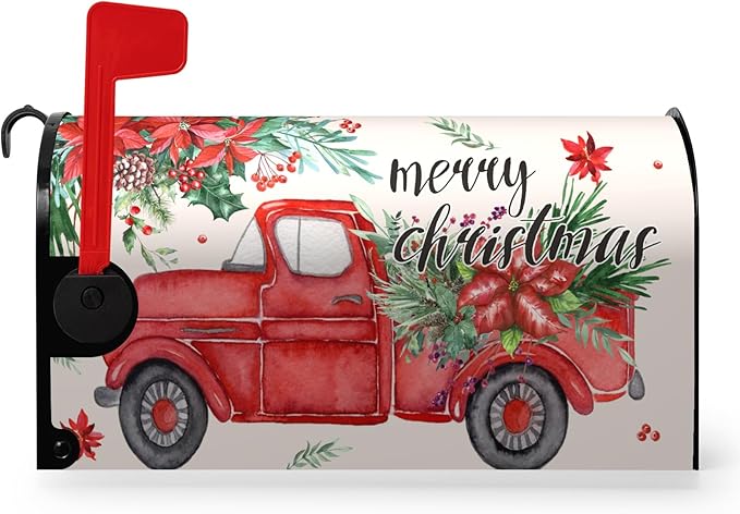 Christmas Red Truck Mailbox Covers Magnetic 21x18 Inches Standard Size Xmas Winter Mailbox Cover Post Letter Box Wraps for Outside Garden Yard Outdoor Christmas Decorations