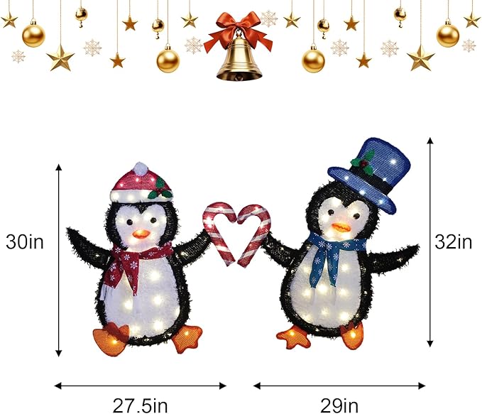 Christmas Decorations Penguin Heart String Lights 40L+40L - 30" 32" H Outdoor Fairy Lights with Transformer, 2M Plug-in Cord, Warm White - for Garden, Yard, Patio,