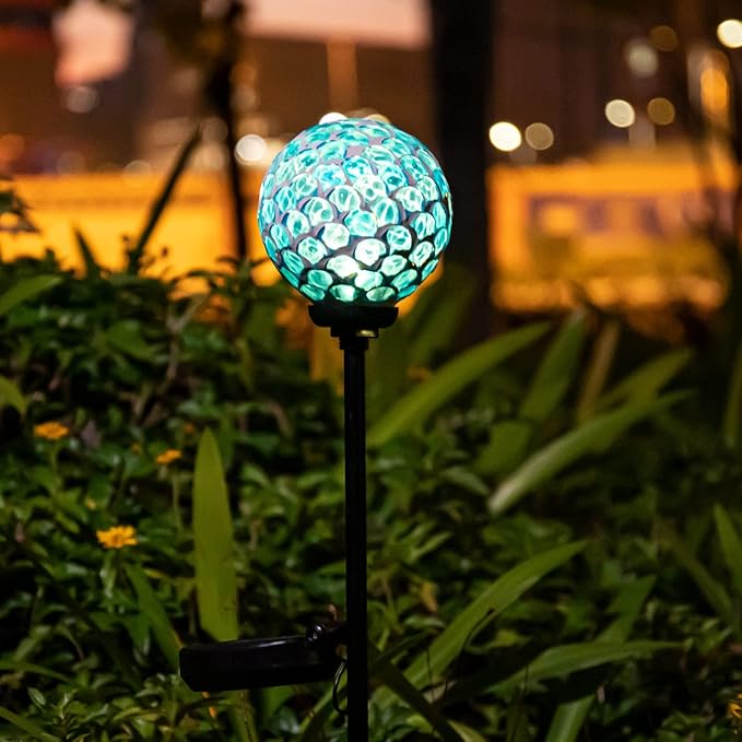 VCUTEKA Solar Lights - Outdoor Garden Decor Mosaic Solar Pathway Light Waterpoof LED Stake Light for Landscape Lawn Patio Yard Decoration (Blue) 1 Pack