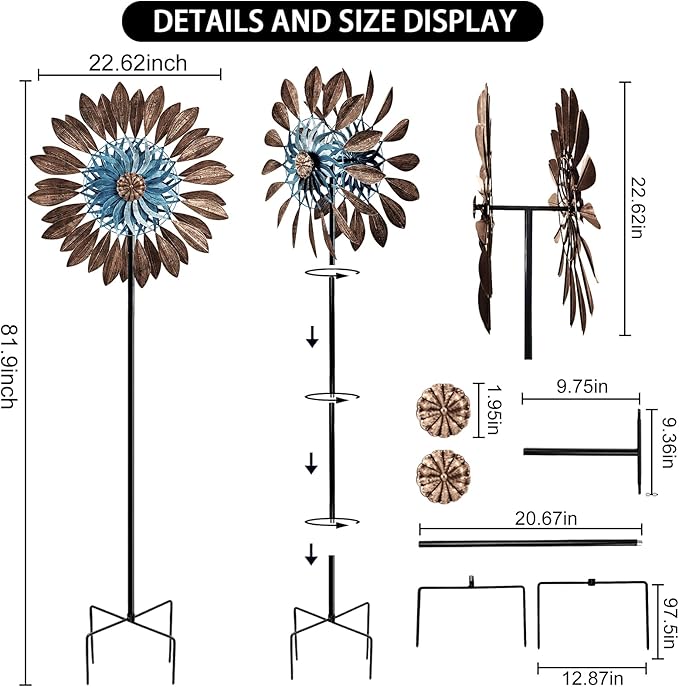 Wind Spinners 360°, Garden Outdoor Metal Windmill Yard Spinners Large 84 in Height 22 in Dia Dual Direction Dual Rotors Wind with Kinetic, Wind Spinner Clearance for Yard and Garden Art Decor(Copper)