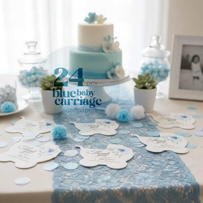 Baby Carriage Seed Paper – 24 pcs Blue Baby Shower Favors for Guests with Wildflower Seeds, Writable & Plantable, Gender Reveal, Birthday Gifts for Guest