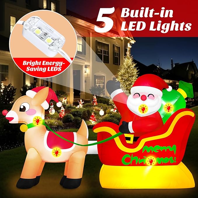 6 FT Long Santa and Reindeer Inflatable Christmas Decorations Outdoor Sleigh, Built-in LED Lights Funny Rein Deer Sled Blow Up Yard Decoration for Winter Vacation Outside Lawn Patio Xmas Indoor Party