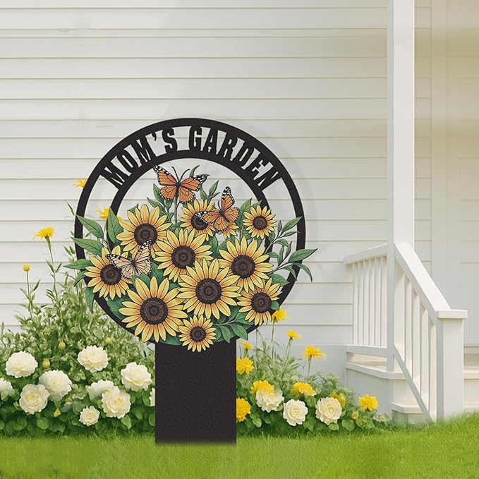 Personalized Garden Signs, Colorful Sunflower Garden Decor for Outside, Decorative Yard Stakes, Metal Yard Art, Patio Decor, Custom Last Name Sign, Lawn Art, Housewarming Gifts Color07
