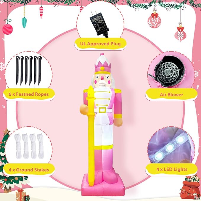 OurWarm 8FT Christmas Inflatables Pink Nutcracker Christmas Decor, Christmas Blow Ups Outdoor Nutcracker Decor with LED, Inflatable Decorations Outdoor for Yard Lawn Garden Xmas Decorations