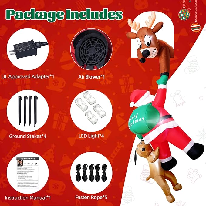 7.5 Ft Christmas Inflatable Outdoor Decoration, Hanging Christmas Inflatables Climbing Santa with Reindeer and Dog, Blow Up Inflatable with Build-in LEDs for Xmas Party Roof Yard Garden Lawn Decor