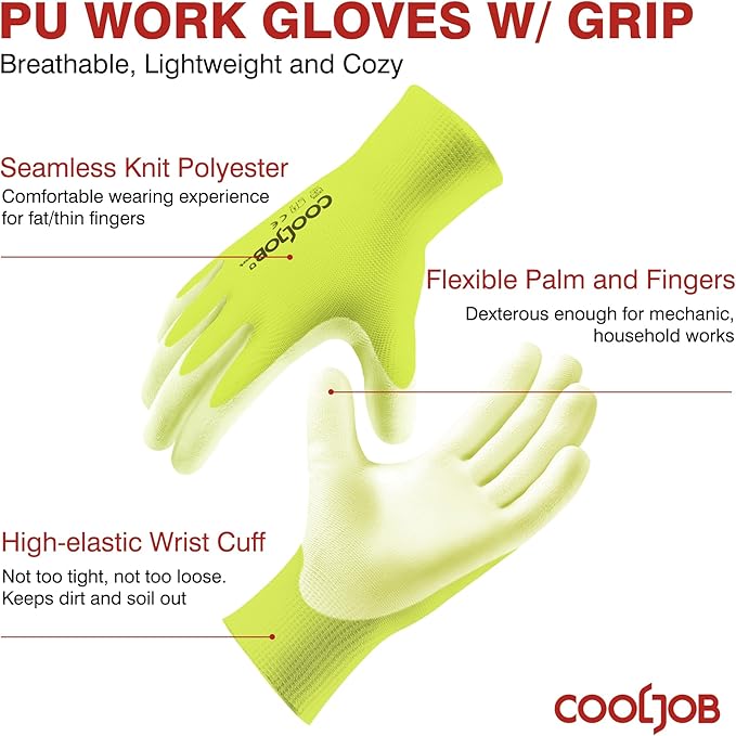 COOLJOB 12/60 Pairs Safety Work Gloves Pack Bulk with Grip PU Coating, 13 Gauge Seamless Knit Gloves with Polyurethane Dipped for Warehouse Working, Breathable Lightweight for Men Women, Yellow Large