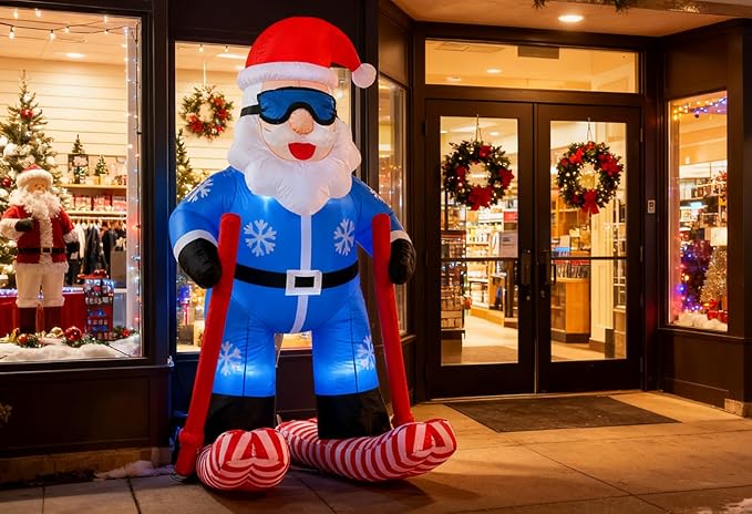 LANGXUN 8ft Skiing Santa Inflatable Outdoor Indoor Decor, Giant Blow Up IP44 Weatherproof Xmas Decorations for Yard, Built-in 7-Color LED Rotating Light for Gardern Lawn Winter Holiday