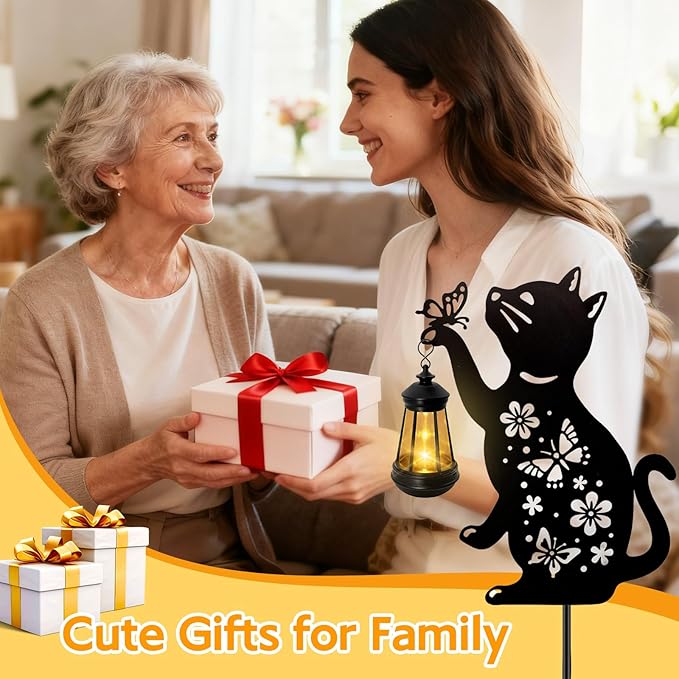 ANGMLN Cat Outdoor Solar Lantern Waterproof, Birthday Gifts for Christmas Women Mom, Solar Hanging Lights with Butterfly, Black Cat Metal Figurine Garden Decor Patio Yard Pathway Backyard Ornaments