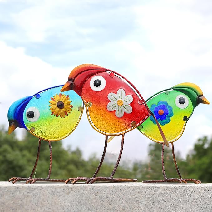 Bird Garden Decor for Outside, Glass & Metal Yard Art Decorations Outdoor Decor for Patio Backyard, Gift for Women Grandma Mom（3 Pack）